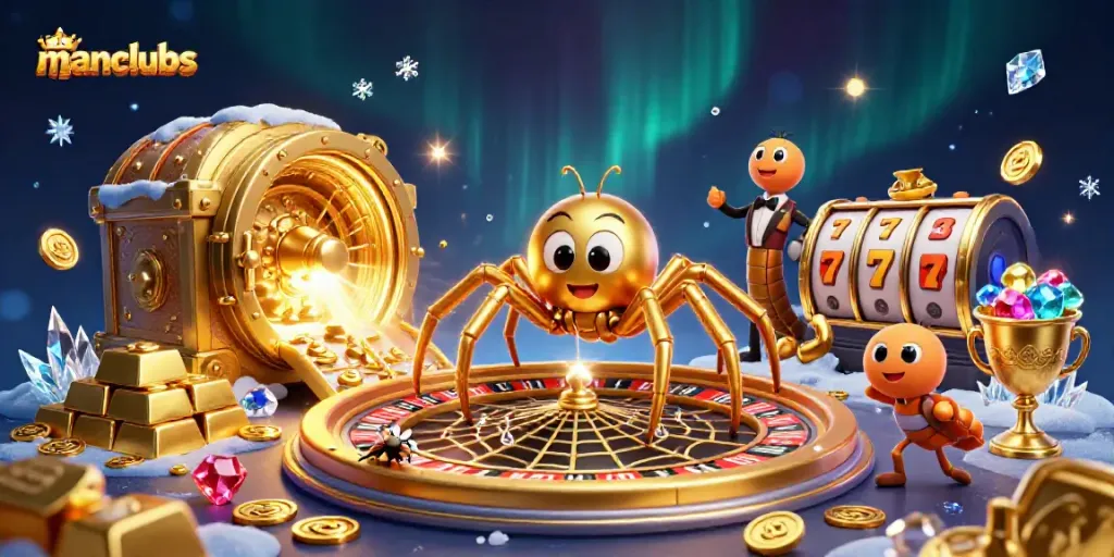 Experience thrilling bets at manclubs with 3D golden spider and bright casino elements.