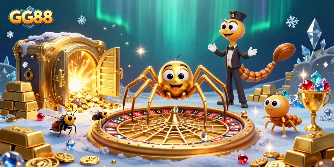Bet with GG88 at a fantasy casino featuring a golden spider and colorful gems in a vibrant scene.