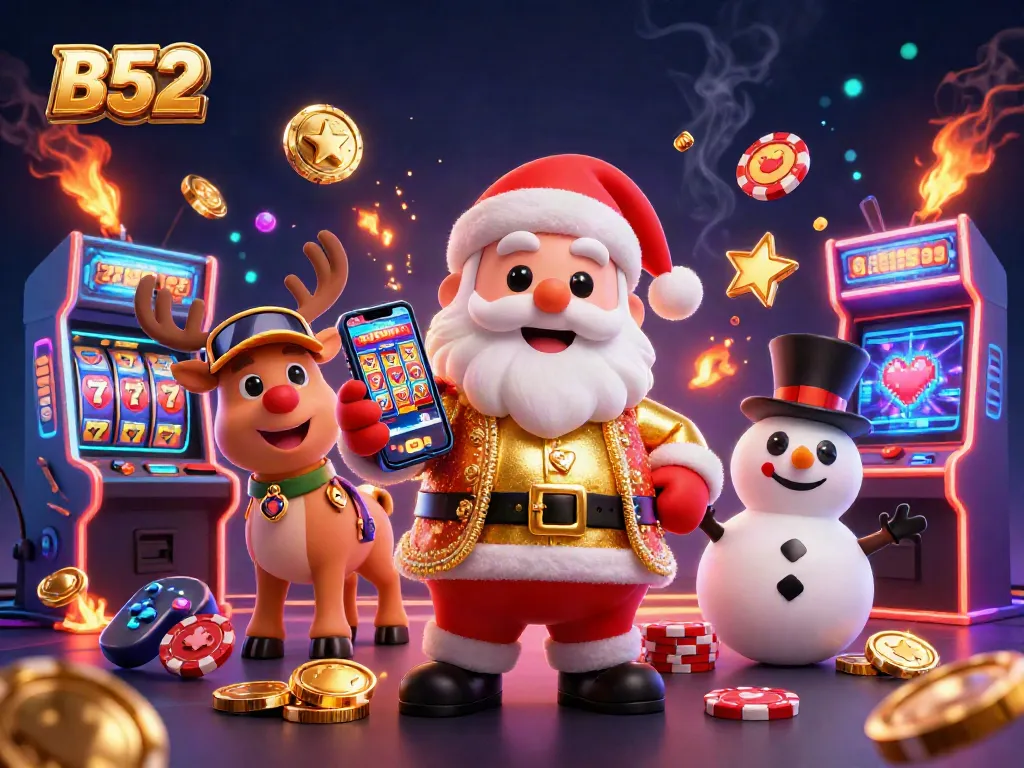 B52 casino illustration with Santa, a reindeer dealer, and a poker chip snowman amid vibrant gaming elements.