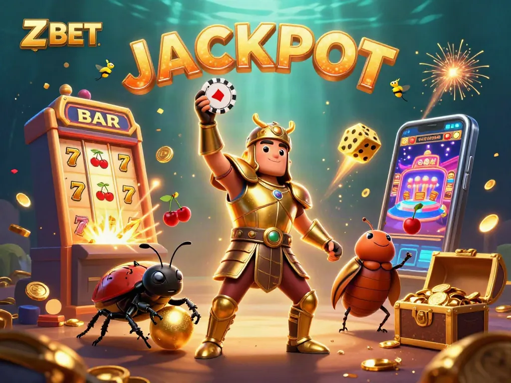 Z BET showcases exciting casino action with a heroic beetle in golden armor lifting a chip amidst vibrant slots and jackpot explosions.