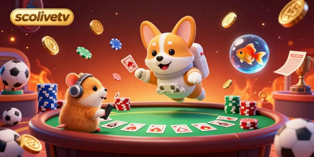 Watch an astronaut corgi explore the vibrant sports betting world at socolivetv, surrounded by drifting poker chips.
