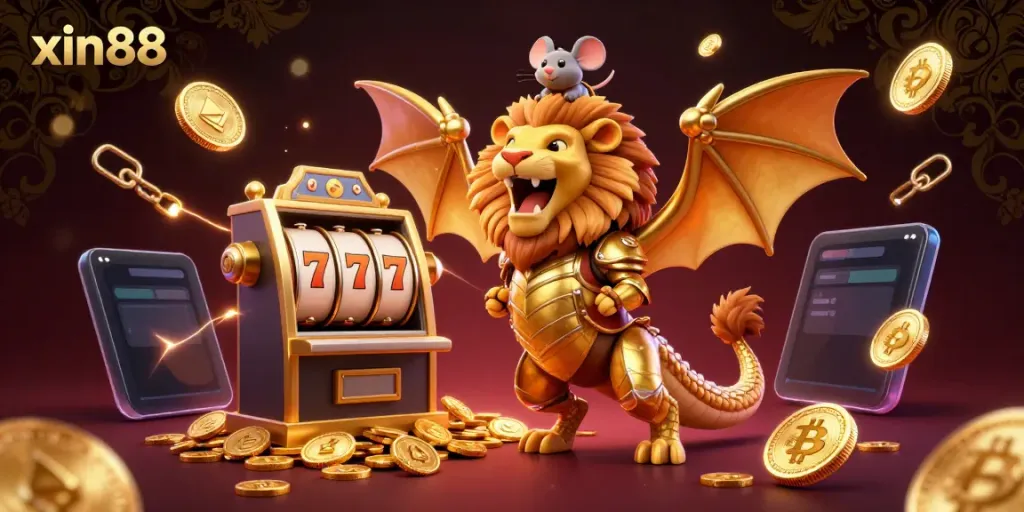 Experience energetic gaming with xin88, featuring a roaring chimera and slot machine elements.
