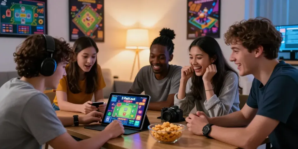 Friends enjoying a game of 3 Patti no1 in a cozy setting with snacks and vibrant lighting.