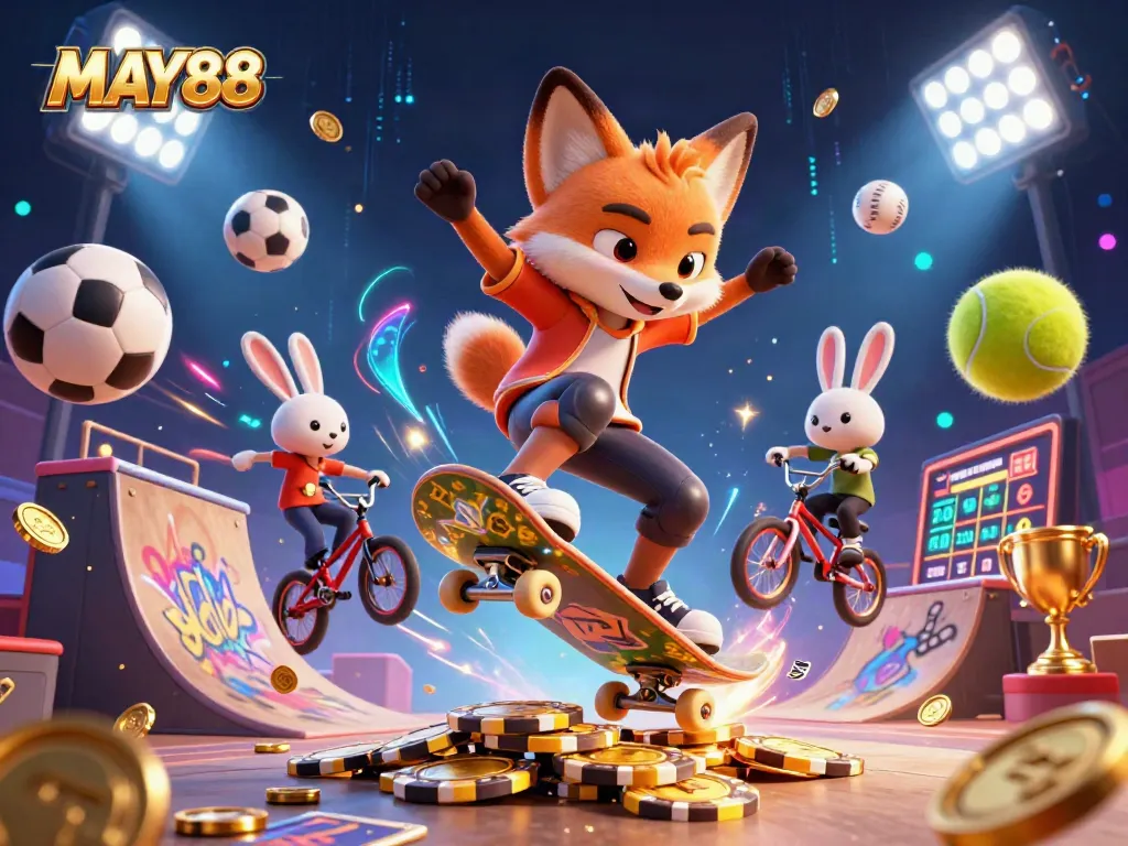 MAY88 showcases thrilling casino gaming with vibrant sports elements and dynamic character actions.