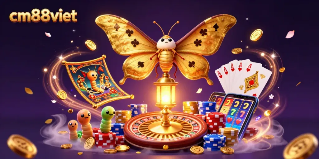 Experience the excitement of cm88viet with golden winged moths and vibrant gambling scenes.