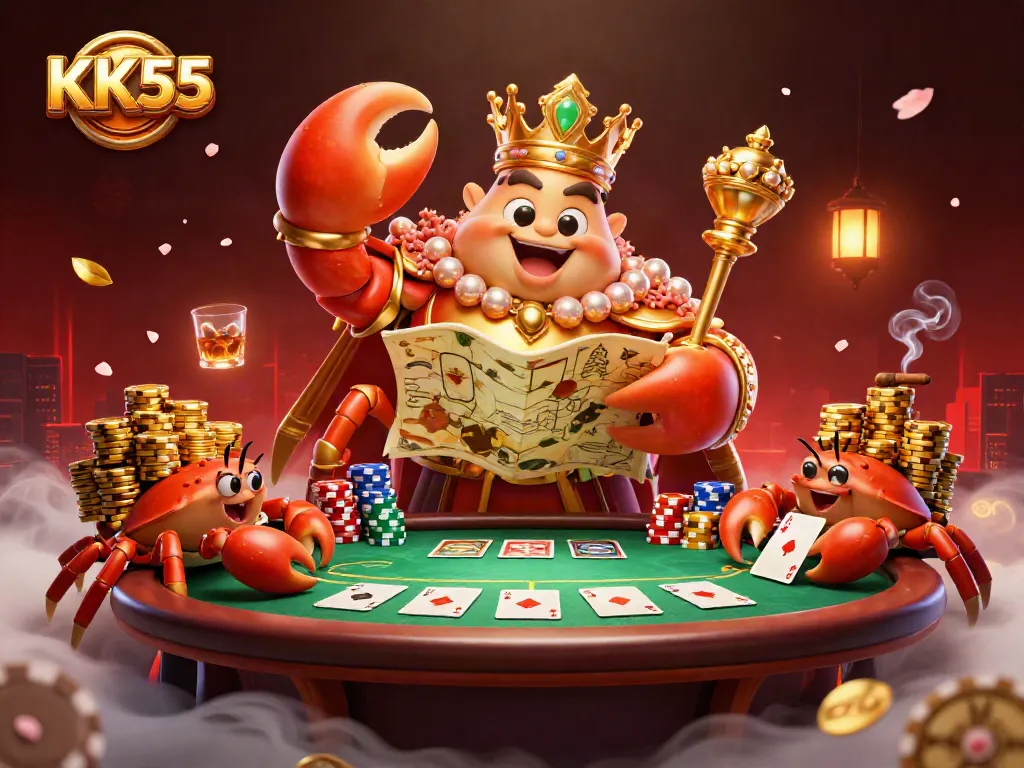 Experience the excitement of KK55 casino with golden crabs, poker elements, and vibrant atmosphere.