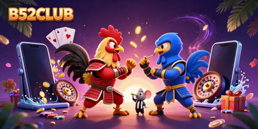 Experience thrilling gameplay at B52CLUB with dynamic roosters in battle amidst dazzling slot elements.