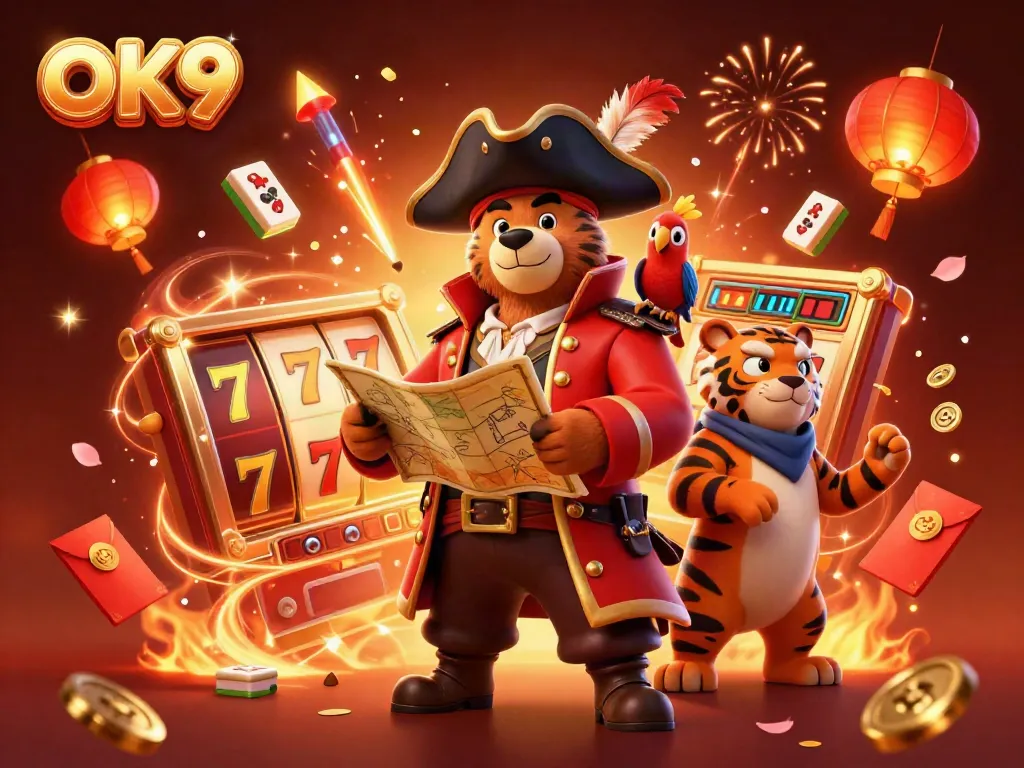 Spin the slots at OK9 with engaging characters and vibrant casino-themed elements.