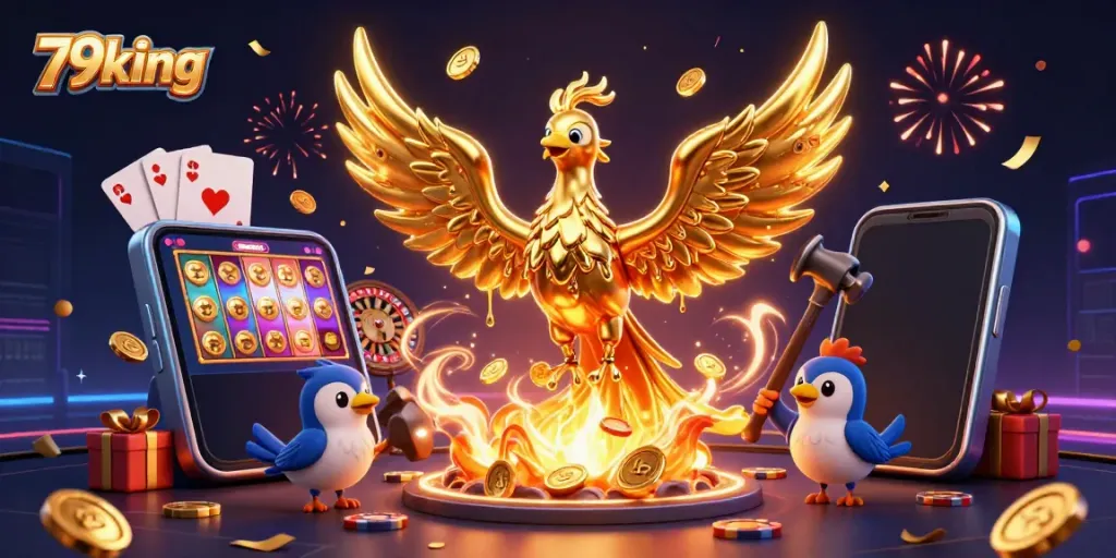 Experience thrilling wins at 79king with a vibrant 3D casino scene filled with gold coins and games.