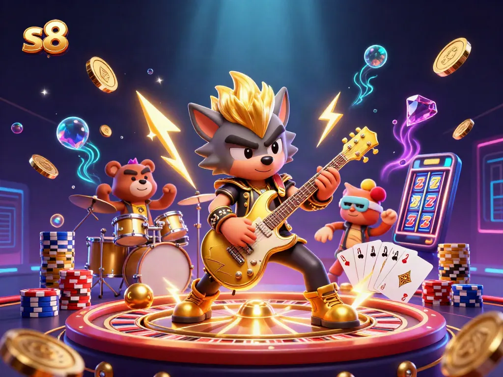 Experience thrilling gameplay with S8 as the rock star wolf and drummer bear create an electrifying casino atmosphere.