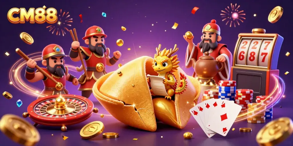 Engage with CM88's thrilling casino experience featuring golden characters and games.