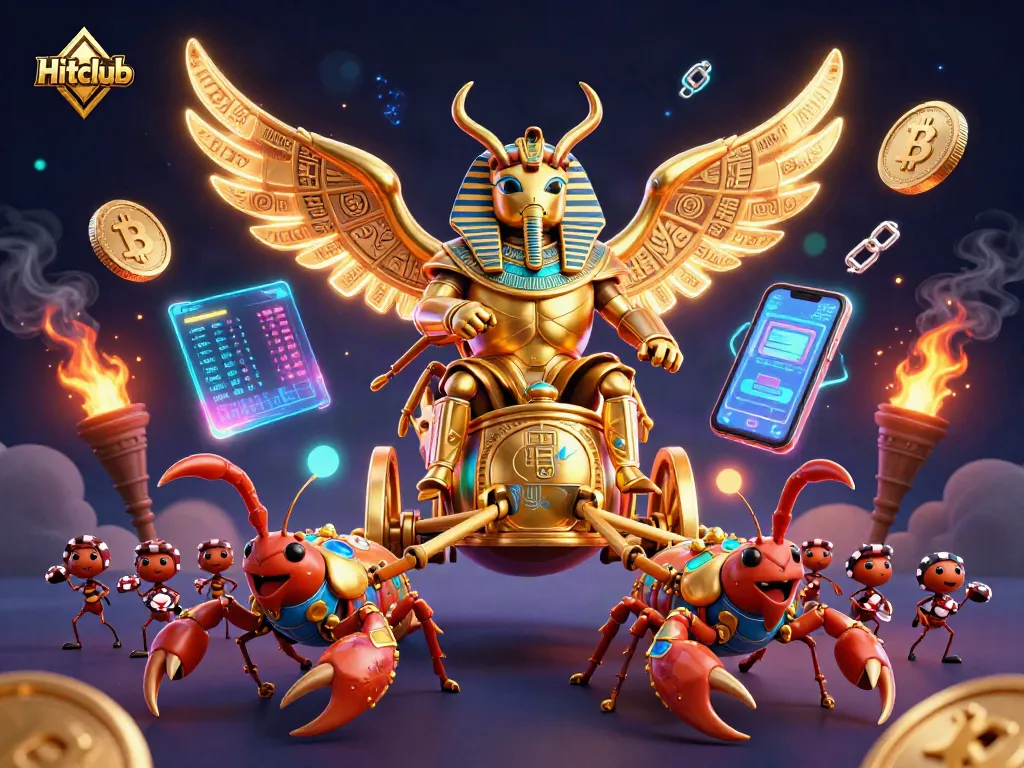 Engage in thrilling gaming at Hitclub with a dazzling golden scarab and crypto elements.