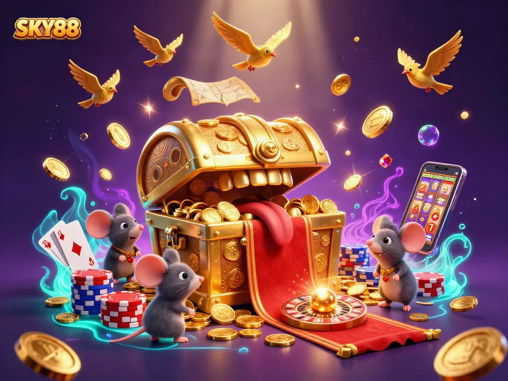 Engage with SKY88’s thrilling gameplay featuring a treasure chest luring players with riches while surrounded by vibrant casino elements.