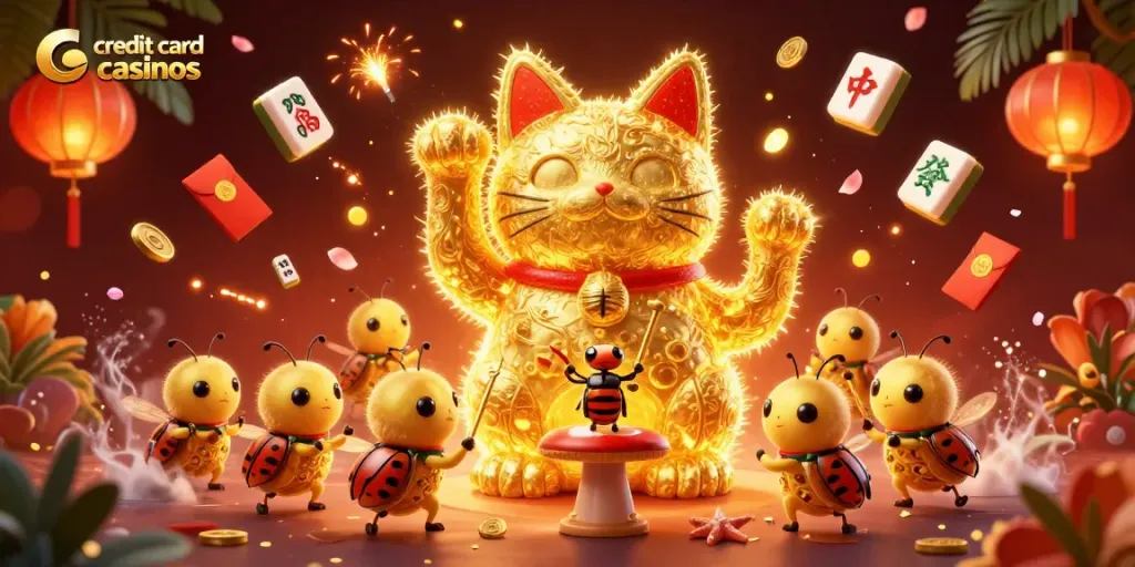 Experience credit card casinos with this vibrant illustration showcasing a lucky cat and casino symbols.