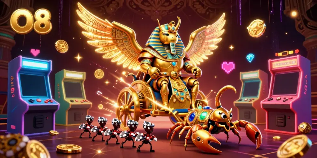 Experience O8’s thrilling casino scene with a colossal beetle hero, vibrant games, and poker chips.