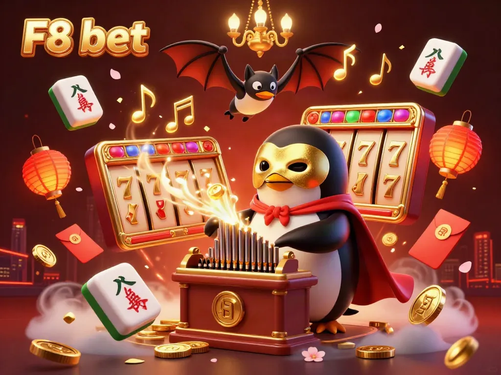 Experience F8 bet's thrilling casino atmosphere with golden coins and winning symbols in this vibrant digital art.