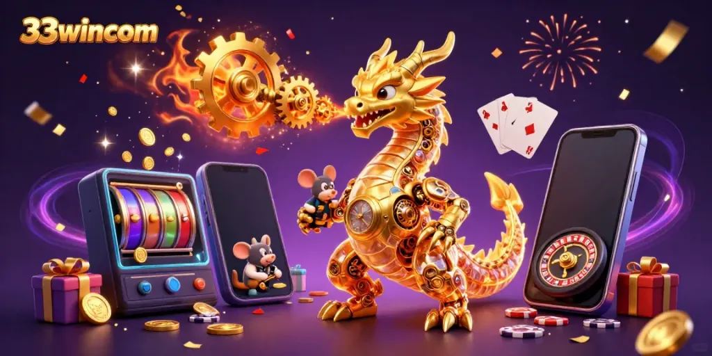 33wincom's vibrant gaming scene features a whimsical dragon and immersive casino elements with dynamic action.