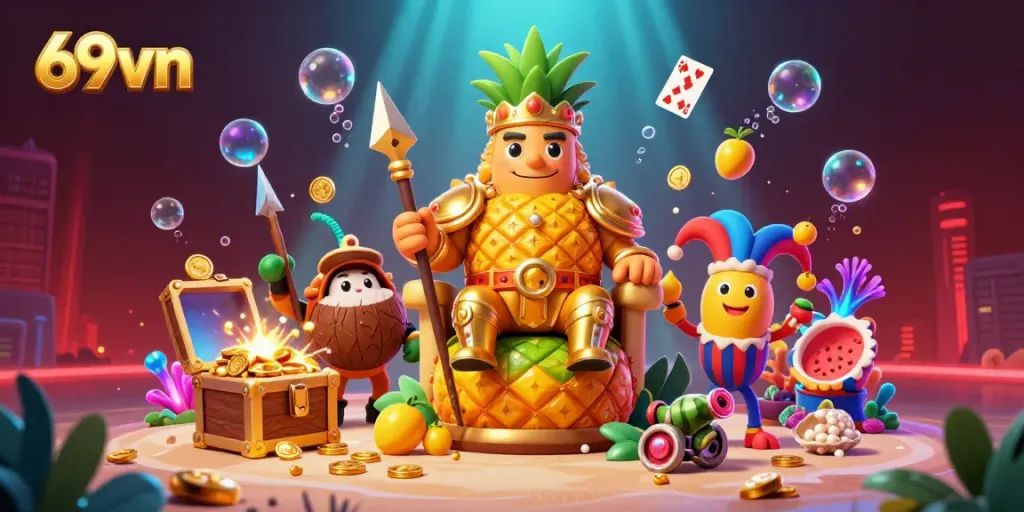 Experience the excitement of 69vn with a vibrant scene of a pineapple king and casino fun.