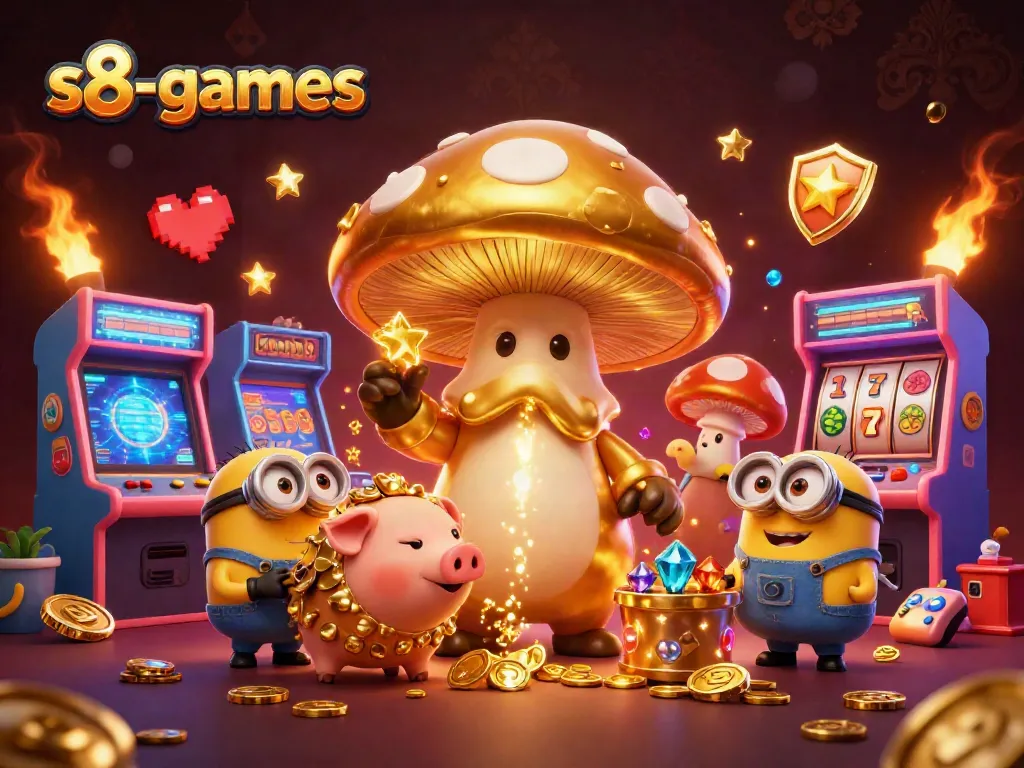 S8-games showcases a vibrant 3D casino scene with a golden mushroom wizard turning elements to gold.