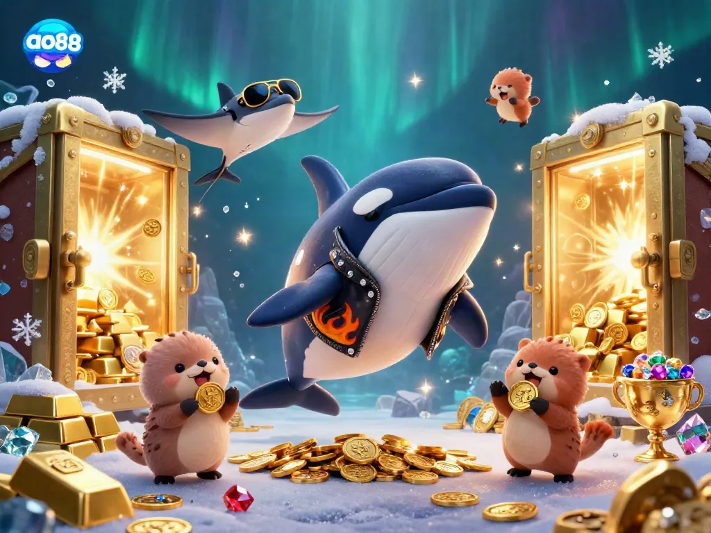 Experience the thrill of winning at ao88 with a vibrant underwater casino illustration featuring an orca and sea otters.