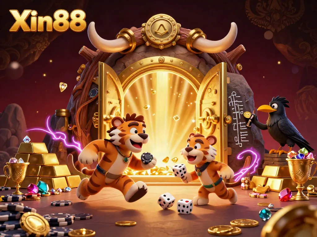 Experience excitement with Xin88's vibrant prehistoric casino, featuring dynamic characters and treasure elements.
