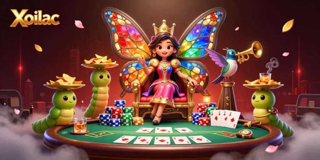 Xoilac delivers a vibrant scene illustrating a cartoon butterfly queen at a poker-themed throne.
