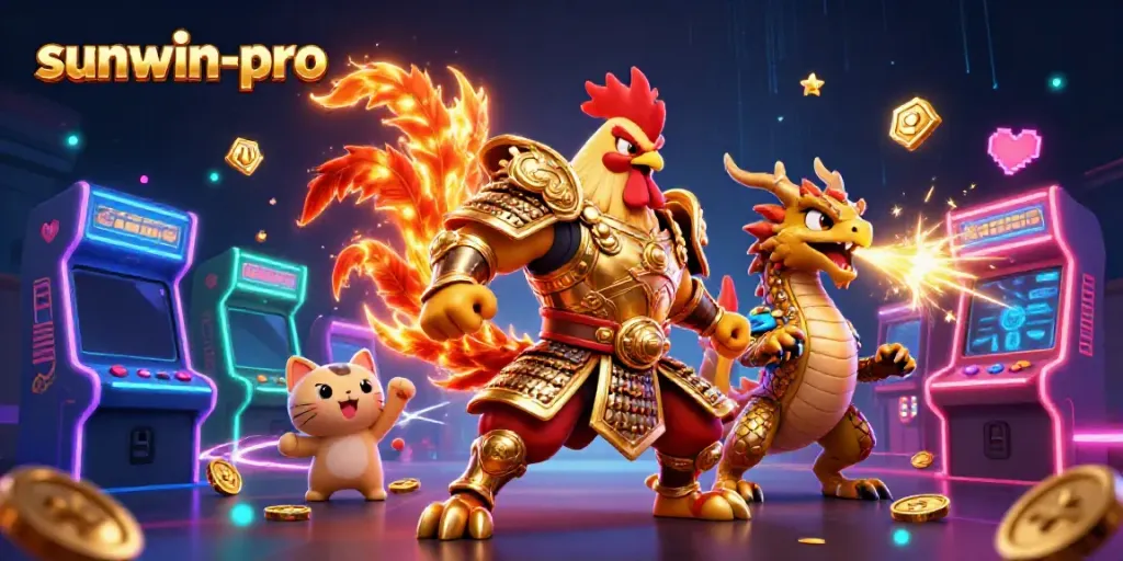 Experience thrilling gameplay with sunwin-pro featuring a rooster warrior and dragon in a vibrant casino arcade.