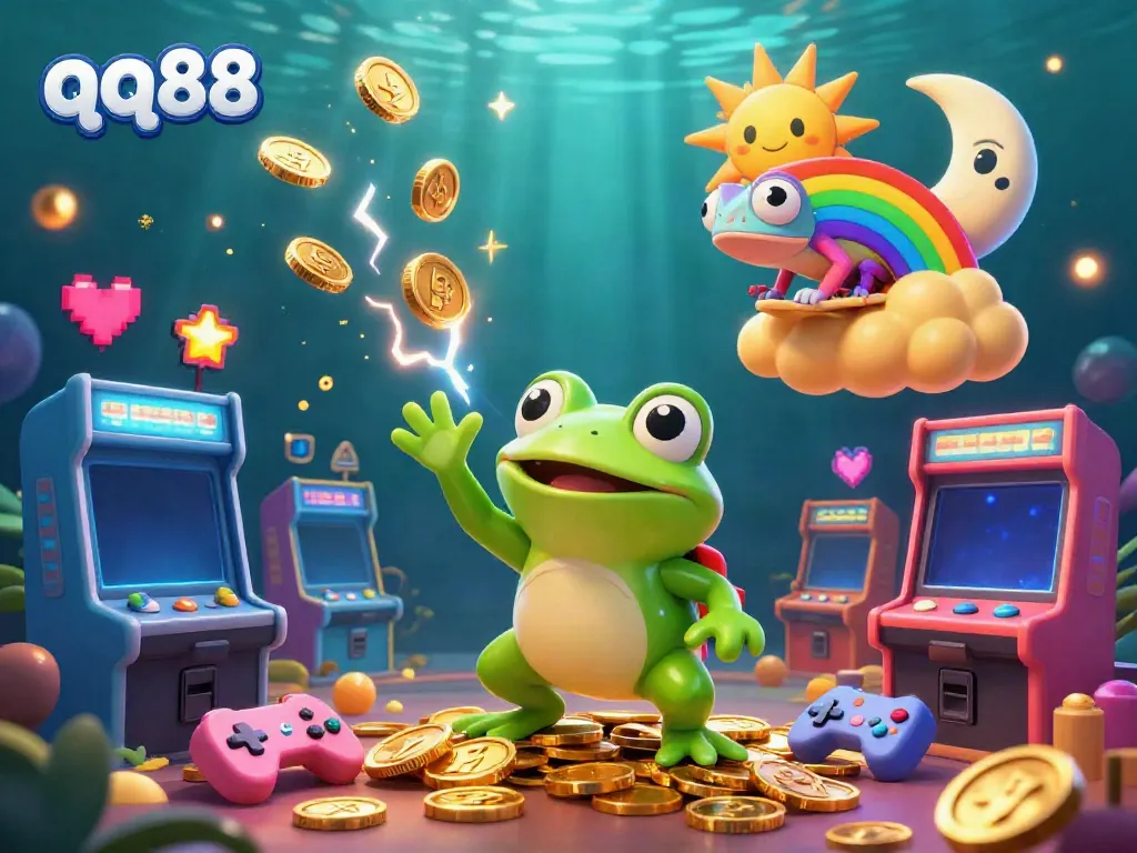 Experience the thrill of qq88 as a weather wizard frog conjures golden coins in a vibrant casino scene.