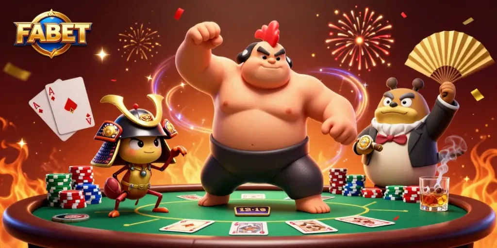 FABET attracts players with engaging poker action featuring a powerful sumo wrestler, samurai cricket, and lively tanuki announcer.