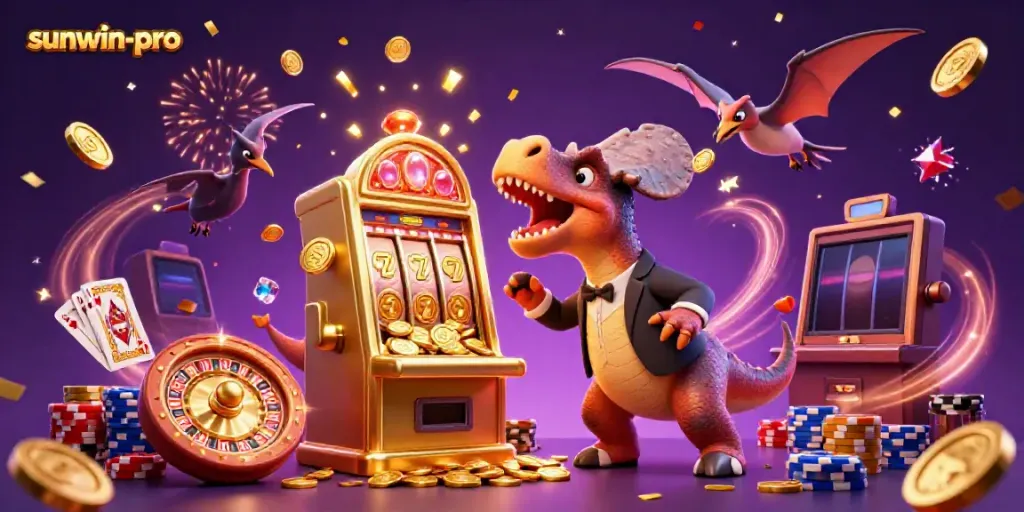 Experience thrilling payouts at sunwin-pro with a cartoon dinosaur and a golden slot machine surrounded by coins.
