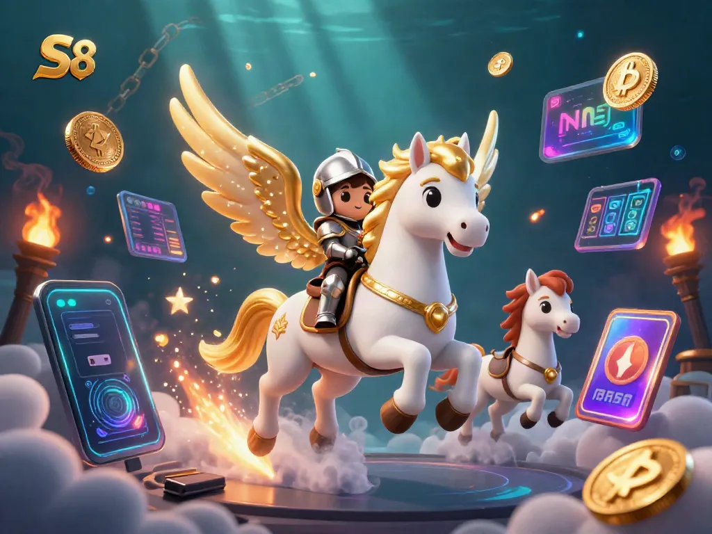 Experience thrill and excitement at S8 casino with a magical knight on a winged horse amidst Bitcoin and Ethereum coins.