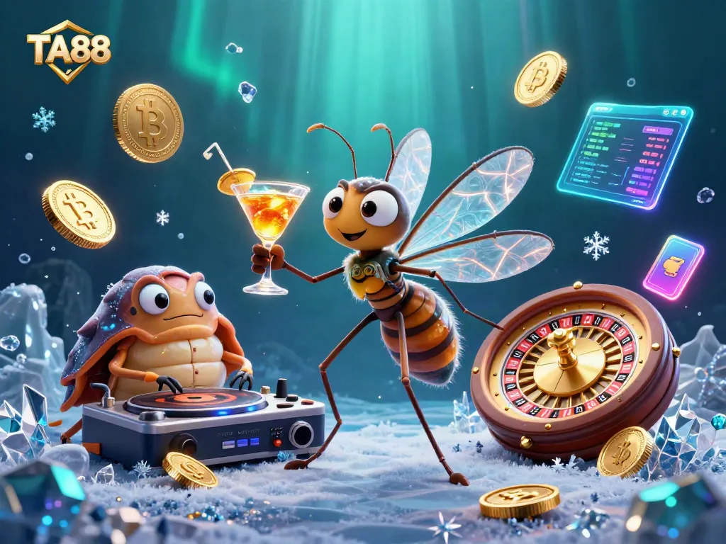 Experience the thrilling casino action at TA88 with vibrant characters, crypto elements, and rich gaming atmosphere.