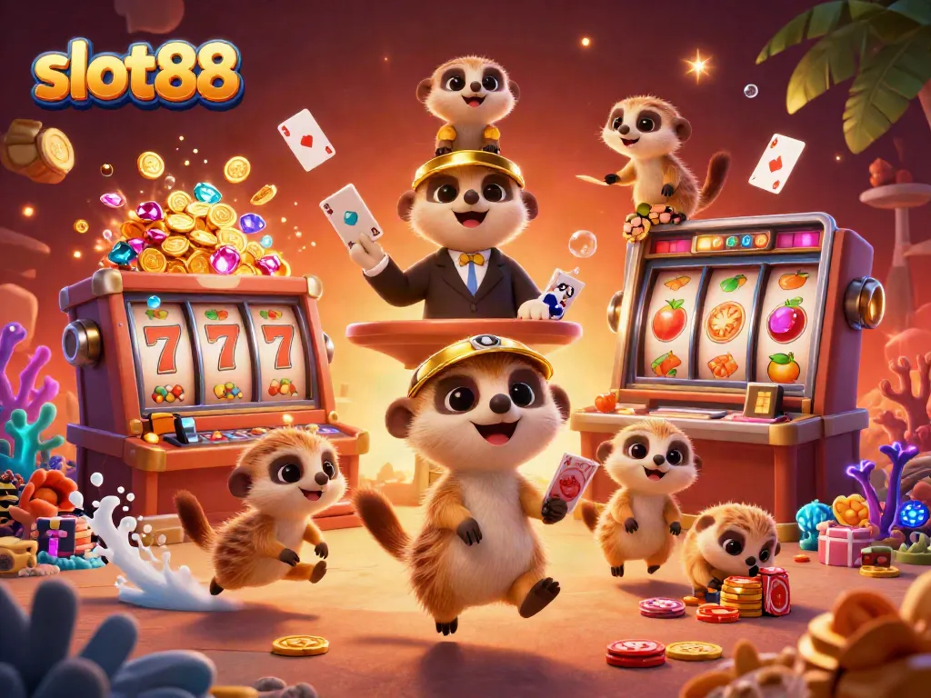 Engage with slot88's vibrant casino scene featuring meerkats in a lively slot operation, showcasing spinning reels and treasures.