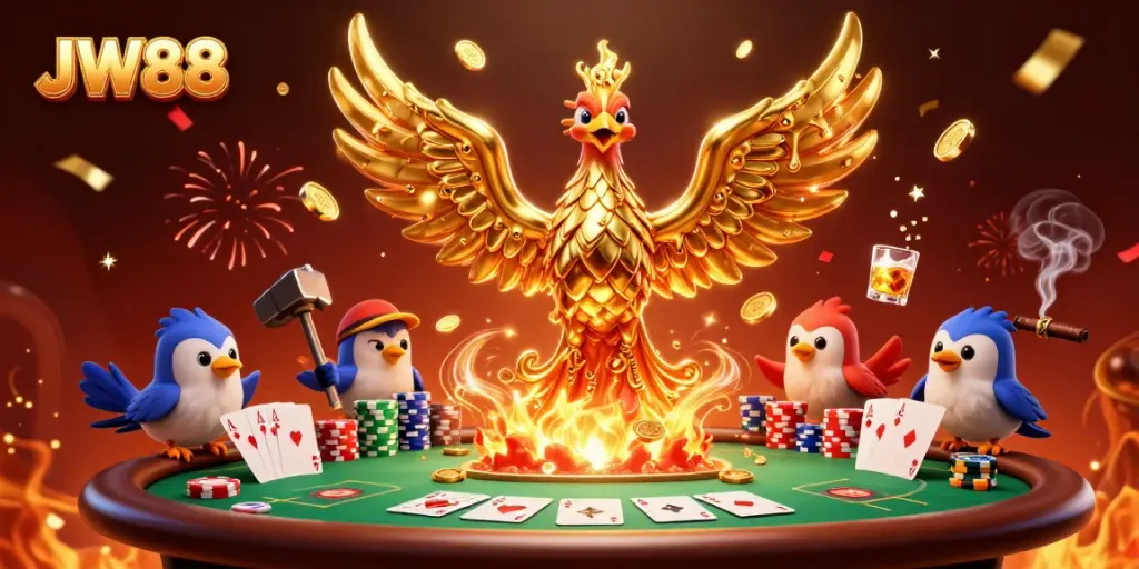 Experience the thrill of JW88 with a molten golden phoenix amidst a vibrant casino scene.