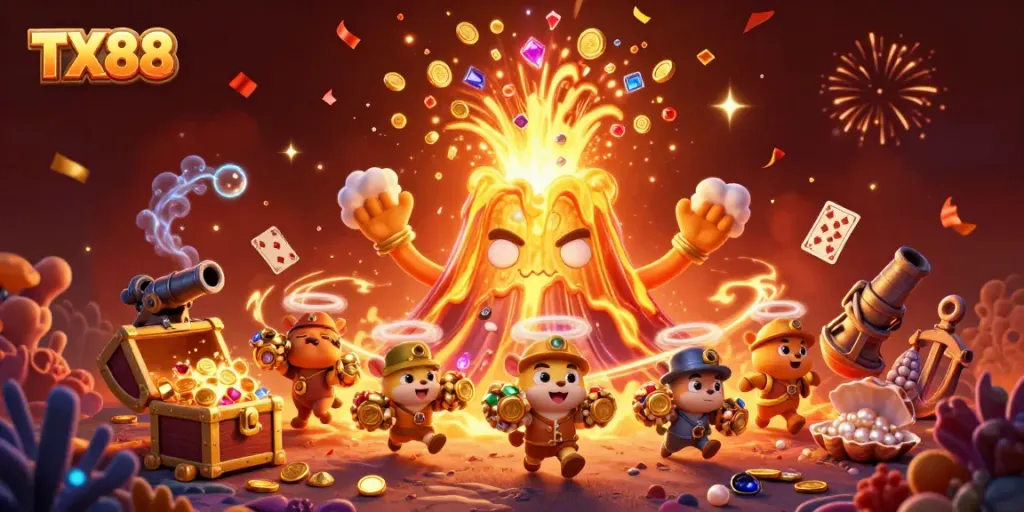 Experience excitement with TX88 as the golden volcano erupts treasures amidst a vibrant casino atmosphere.