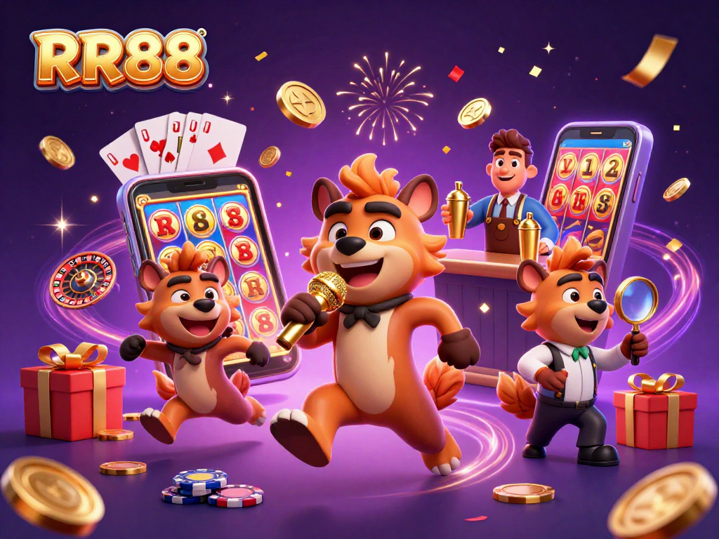 Experience the fun at RR88 casino with hyena characters engaging in games and comedy.