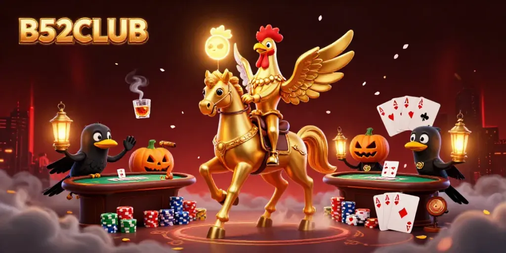 B52CLUB characters in an exciting casino scene showcasing poker elements and vibrant decor.