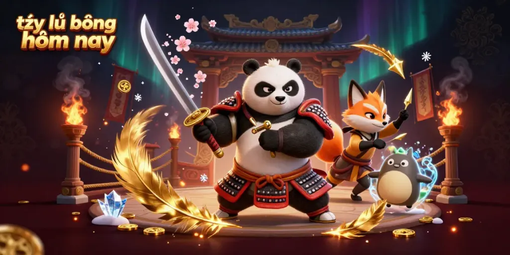 Experience the latest tỷ lệ bóng đá hôm nay with a dynamic scene featuring a samurai panda and ninja fox.