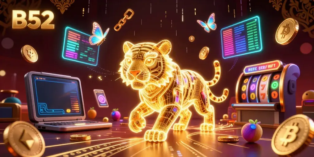 Engage with the vibrant B52 casino scene showcasing a neon-wireframe golden tiger amidst slot reels and crypto coins.