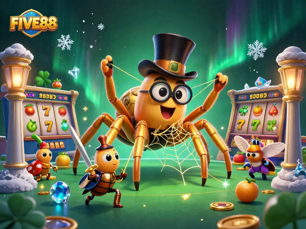 Engage in the exhilarating world of FIVE88 with vibrant 3D casino characters and elements showcasing slot games.