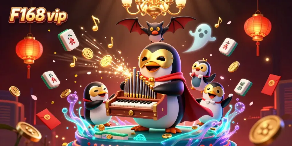 Experience thrilling adventures with F168 vip, where a penguin plays a golden organ amid floating symbols and vibrant celebrations.