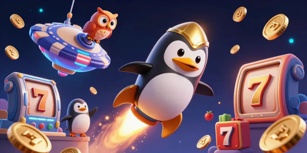 Experience casino excitement with bl555: a golden penguin rockets past a poker chip casino.