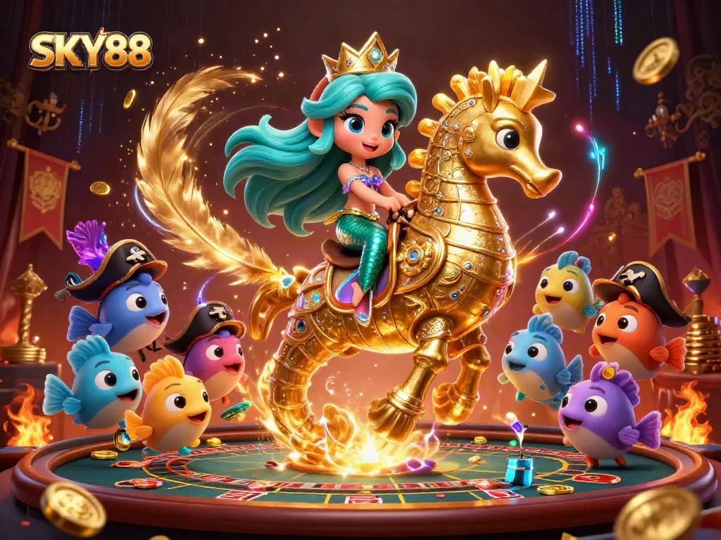 Engage in thrilling gameplay at SKY88 with exciting casino games, golden tokens, and vibrant characters.