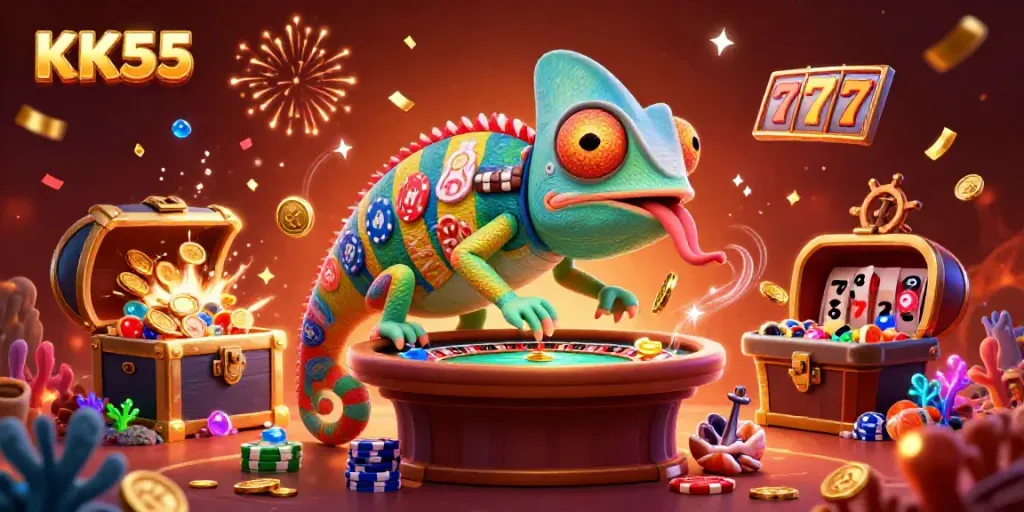 Engage with thrilling KK55 casino action in a rich, colorful scene filled with gold coins and exciting game elements.