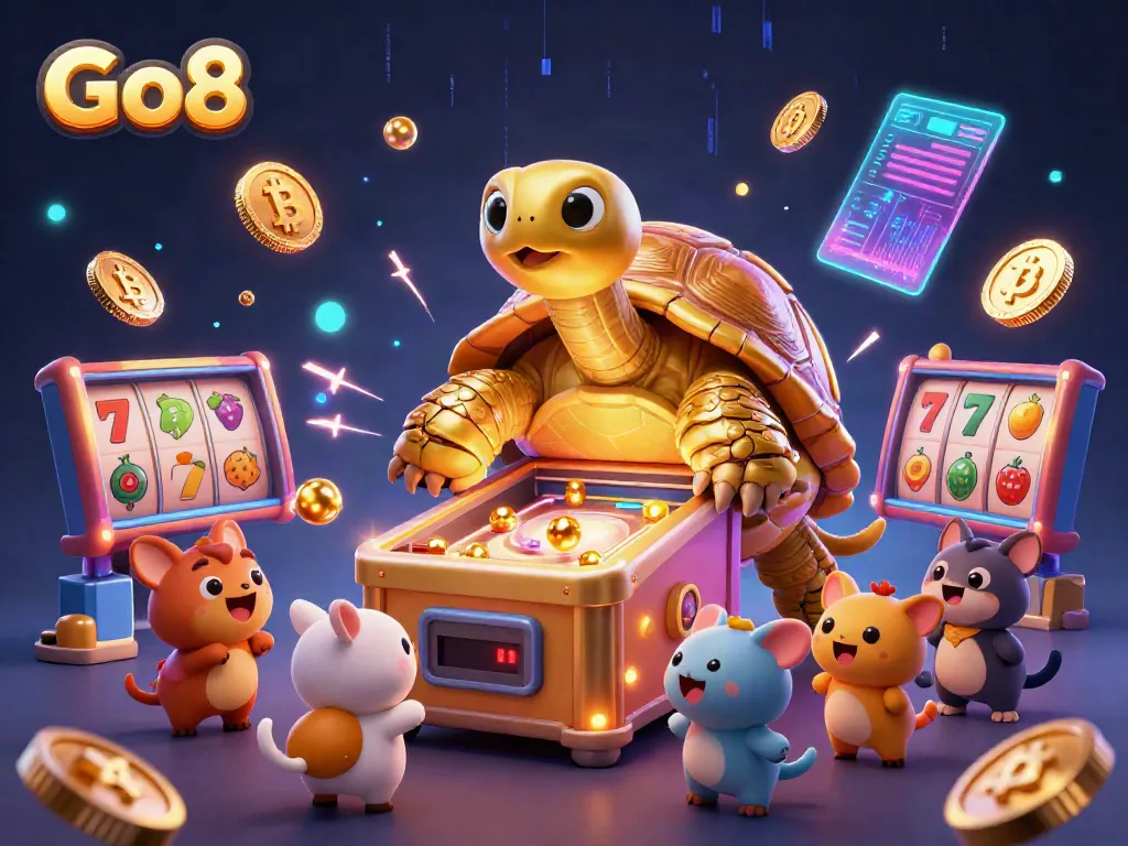 Experience Go8 excitement with a vibrant scene of a colossal tortoise-themed pinball in a rich casino environment.