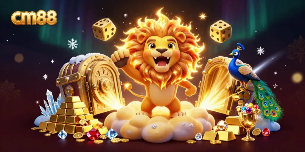 Experience thrilling gaming adventures with cm88 in this vibrant 3D illustration, showcasing majestic characters and luxurious treasures.
