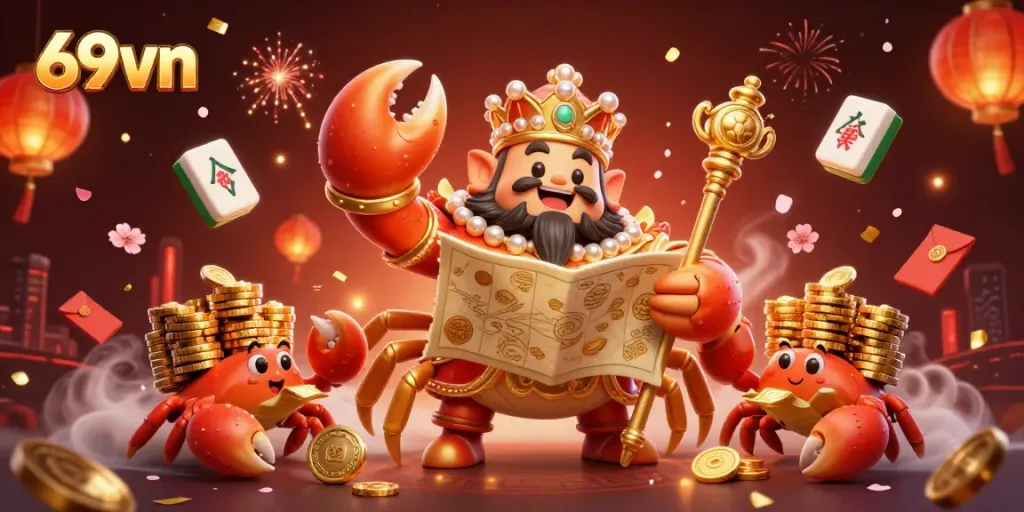 Engage in exciting gameplay at 69vn with a vibrant scene of a golden crab emperor amidst colorful casino elements.