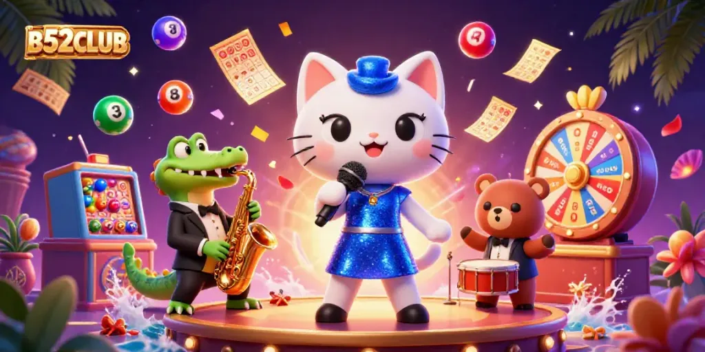 Experience the vibrant action of B52CLUB with a jazzy cat, crocodile, and bear cub amidst colorful casino elements.