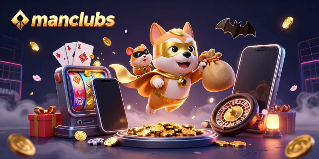 Engage with manclubs as the superhero dog soars, delivering gold coins amidst cheerful gaming scenes.