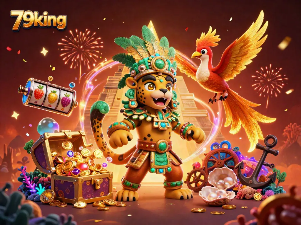 Experience thrilling gameplay with 79king's dynamic casino scene highlighted by slot reels and vibrant characters.